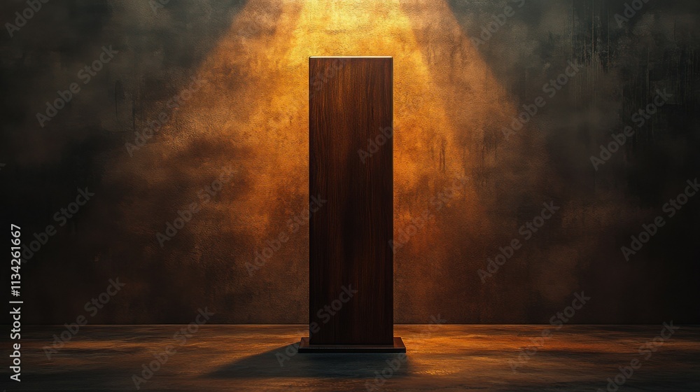 Wooden pedestal with a rich, dark finish, illuminated by warm, soft lighting.