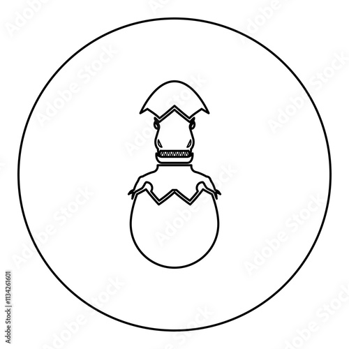 Evil dinosaur hatch from egg cracked eggshell icon in circle round black color vector illustration image outline contour line thin style