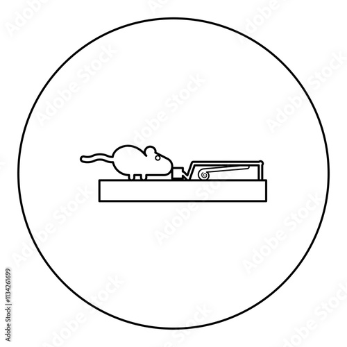Mouse wants to eat piece of cheese from mousetrap silhouette rodent icon in circle round black color vector illustration image outline contour line thin style