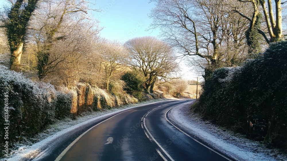 Fototapeta premium Winter road winding through frosted trees and landscape.