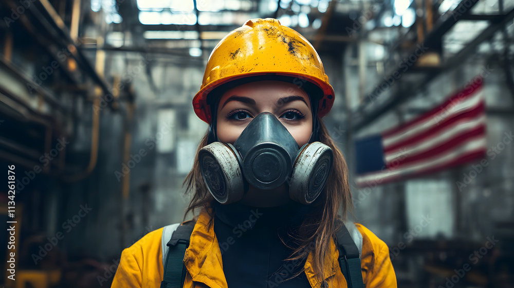 A woman adorned in a vibrant yellow helmet and protective gas mask stands confidently in a hazardous work environment. Her sturdy attire hints at the dangerous nature of her surroundings A woman adorned in a vibrant yellow helmet and protective gas mask stands confidently in a hazardous work environment. Her sturdy attire hints at the dangerous nature of her surroundings