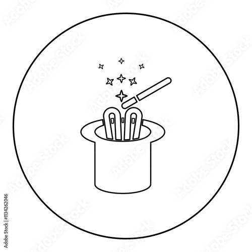 Hare ears in wizard's hat magic wand wizard conjure cylinder bunny rabbit appearing trick concept icon in circle round black color vector illustration image outline contour line thin style