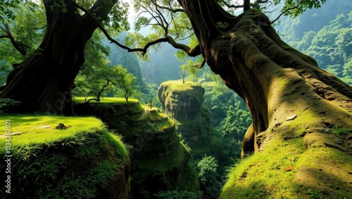 Immerse Yourself in the Serene Beauty of a Lush, Green Forest with Majestic Trees and Mossy Rocks photo