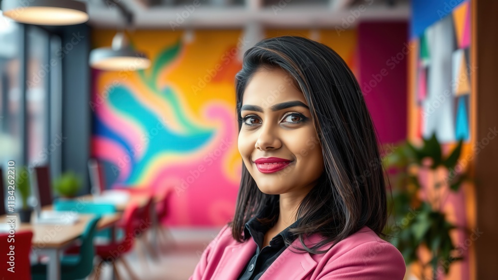 Confident Young Woman in Pink Blazer Smiling in Modern Office with Colorful Wall Art, Perfect for Business and Inspirational Marketing Confident Young Woman in Pink Blazer Smiling in Modern Office with Colorful Wall Art, Perfect for Business and Inspirational Marketing