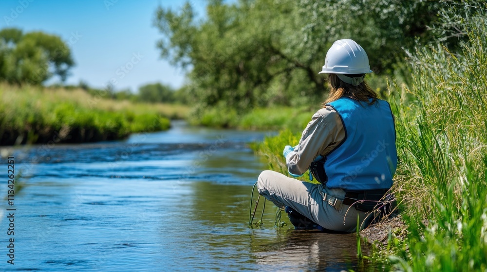 Environmental scientist observing river water quality. Environmental scientist observing river water quality.