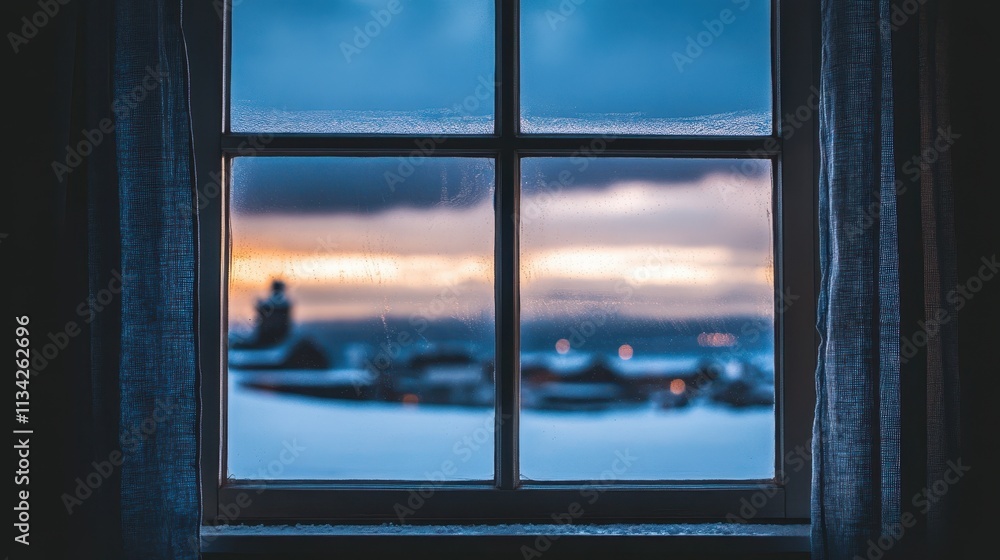 Winter sunset view through a frosty window. Winter sunset view through a frosty window.