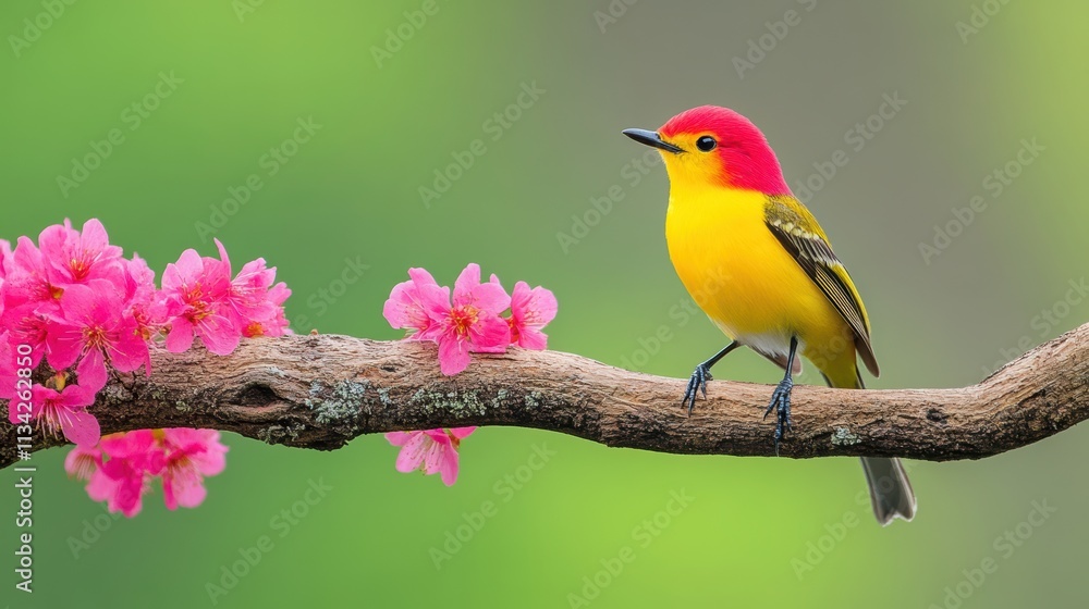 Vibrant bird perched on branch with blossoms. Vibrant bird perched on branch with blossoms.