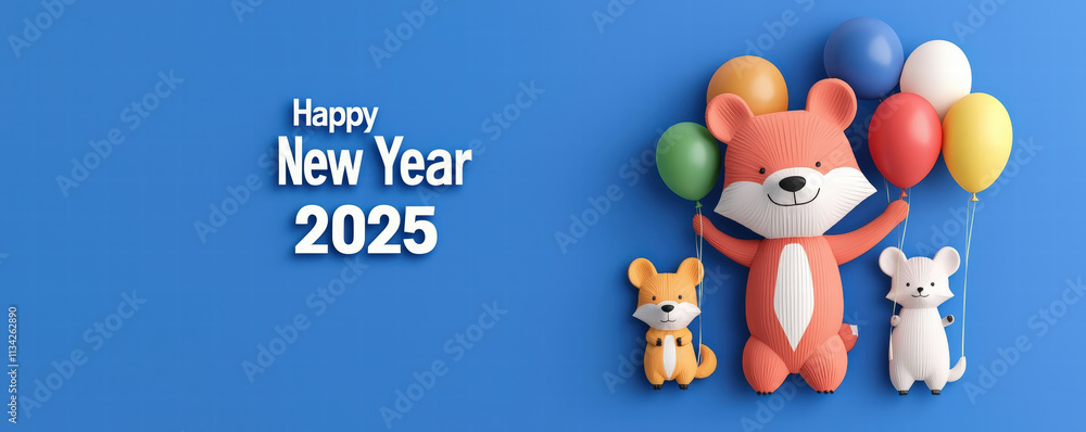 A cheerful New Year 2025 themed image featuring colorful balloons and adorable animal figures against a blue background. A cheerful New Year 2025 themed image featuring colorful balloons and adorable animal figures against a blue background.