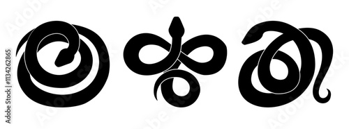 Snake silhouette. Set of black snakes isolated on white background. 2025 Chinese New Year symbol. Vector illustration