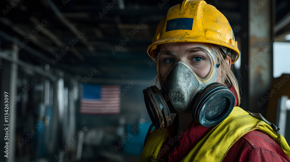 A woman adorned in a vibrant yellow helmet and protective gas mask stands confidently in a hazardous work environment. Her sturdy attire hints at the dangerous nature of her surroundings A woman adorned in a vibrant yellow helmet and protective gas mask stands confidently in a hazardous work environment. Her sturdy attire hints at the dangerous nature of her surroundings