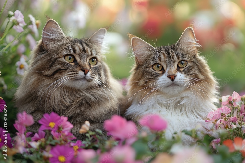 Two fluffy cats amidst pink flowers. Perfect for pet, spring, or nature themes. Two fluffy cats amidst pink flowers. Perfect for pet, spring, or nature themes.