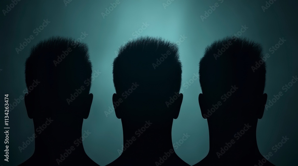 Fototapeta premium Mysterious Silhouettes Three Anonymous Male Backs Dark Background