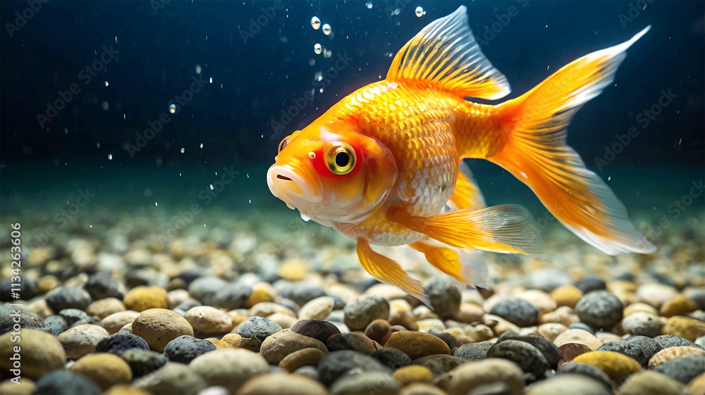 Close-up of a beautiful orange and white goldfish swimming in an aquarium. Close-up of a beautiful orange and white goldfish swimming in an aquarium.