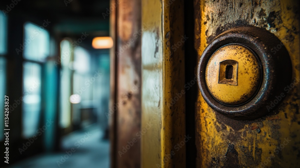 Close-up of a weathered, rusty, yellow door knob with a small square hole in a dimly lit industrial interior. Close-up of a weathered, rusty, yellow door knob with a small square hole in a dimly lit industrial interior.