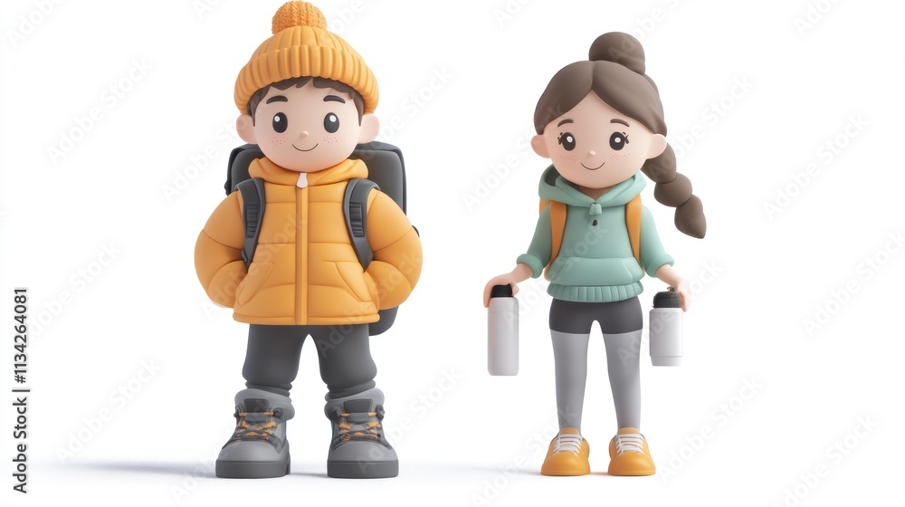 Cartoon children, boy and girl, dressed in winter clothes, standing with backpacks, ready for an adventure. Cartoon children, boy and girl, dressed in winter clothes, standing with backpacks, ready for an adventure.