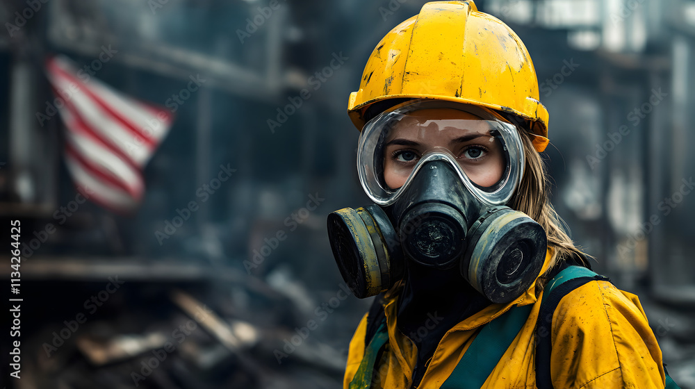 A woman adorned in a vibrant yellow helmet and protective gas mask stands confidently in a hazardous work environment. Her sturdy attire hints at the dangerous nature of her surroundings A woman adorned in a vibrant yellow helmet and protective gas mask stands confidently in a hazardous work environment. Her sturdy attire hints at the dangerous nature of her surroundings