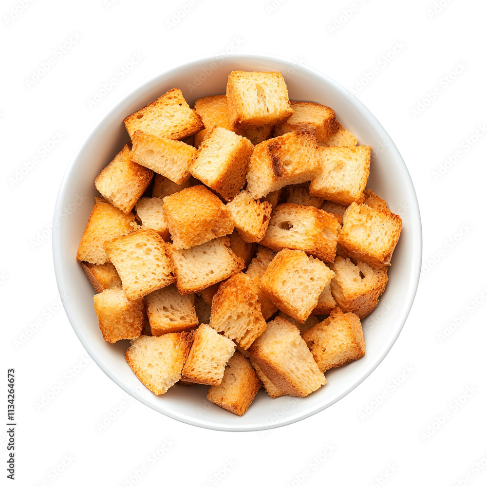 Crispy Golden Croutons in White Bowl on Black Crispy Golden Croutons in White Bowl on Black