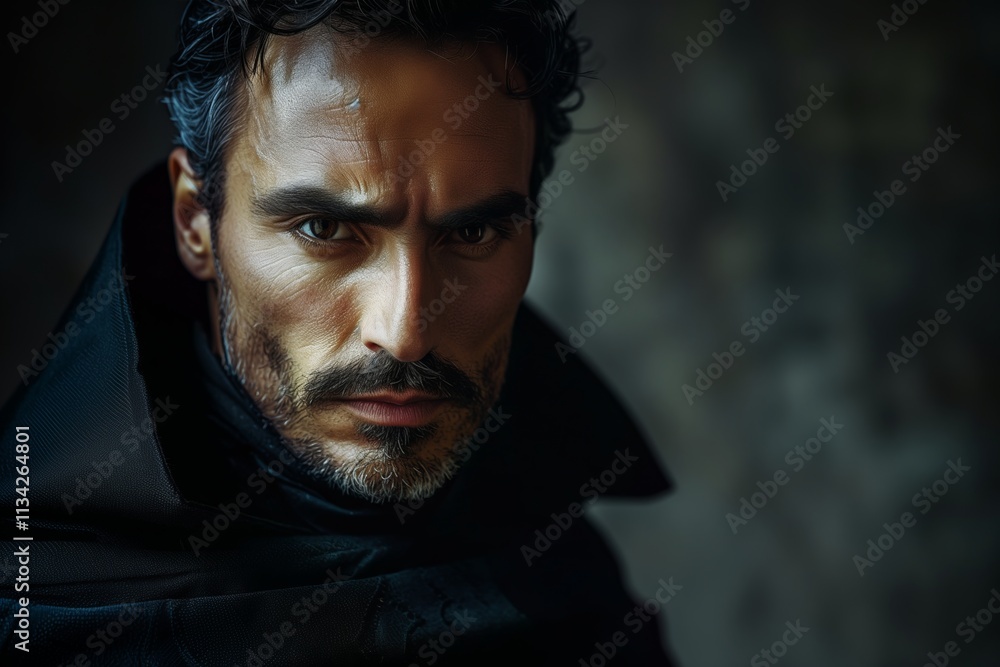 Fototapeta premium Intense portrait of a man with a serious expression, wearing a dark cloak.