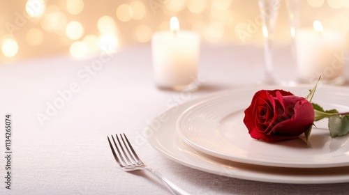 Romantic Dinner Table Setting with Red Rose Candles and Plates