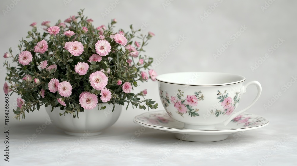 Pink Flowers Teacup Still Life Home Decor Floral Tea Cozy Scene Pink Flowers Teacup Still Life Home Decor Floral Tea Cozy Scene