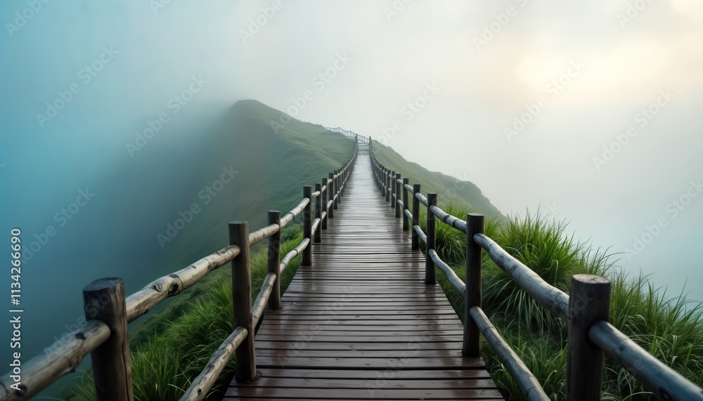 Wooden pathway leads up foggy mountain top in morning light. Pathway wooden railing. Misty atmosphere creates tranquil scene. Nature landscape evokes sense of peace, adventure. Mountain top covered Wooden pathway leads up foggy mountain top in morning light. Pathway wooden railing. Misty atmosphere creates tranquil scene. Nature landscape evokes sense of peace, adventure. Mountain top covered