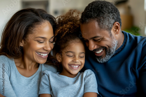 "Happy Family of Three Laughing and Playing on the Sofa at Home"