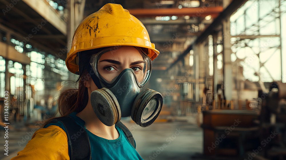 A woman adorned in a vibrant yellow helmet and protective gas mask stands confidently in a hazardous work environment. Her sturdy attire hints at the dangerous nature of her surroundings A woman adorned in a vibrant yellow helmet and protective gas mask stands confidently in a hazardous work environment. Her sturdy attire hints at the dangerous nature of her surroundings