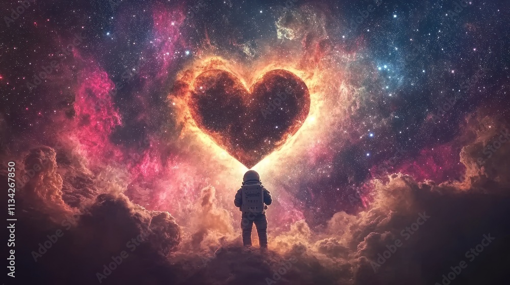 Fototapeta premium Astronaut Gazing at a Cosmic Heart Nebula