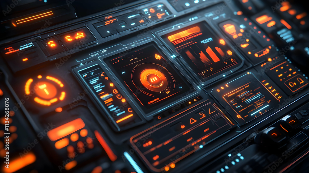 Futuristic control panel with glowing interfaces and data displays. Futuristic control panel with glowing interfaces and data displays.
