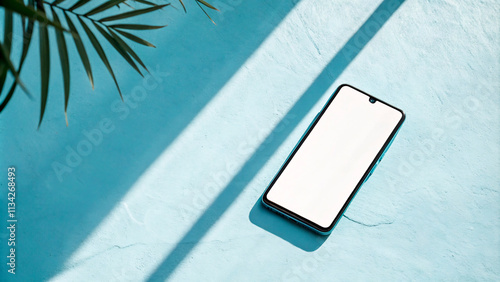 a white smart phone on a blue surface with palm trees in the background4 photo