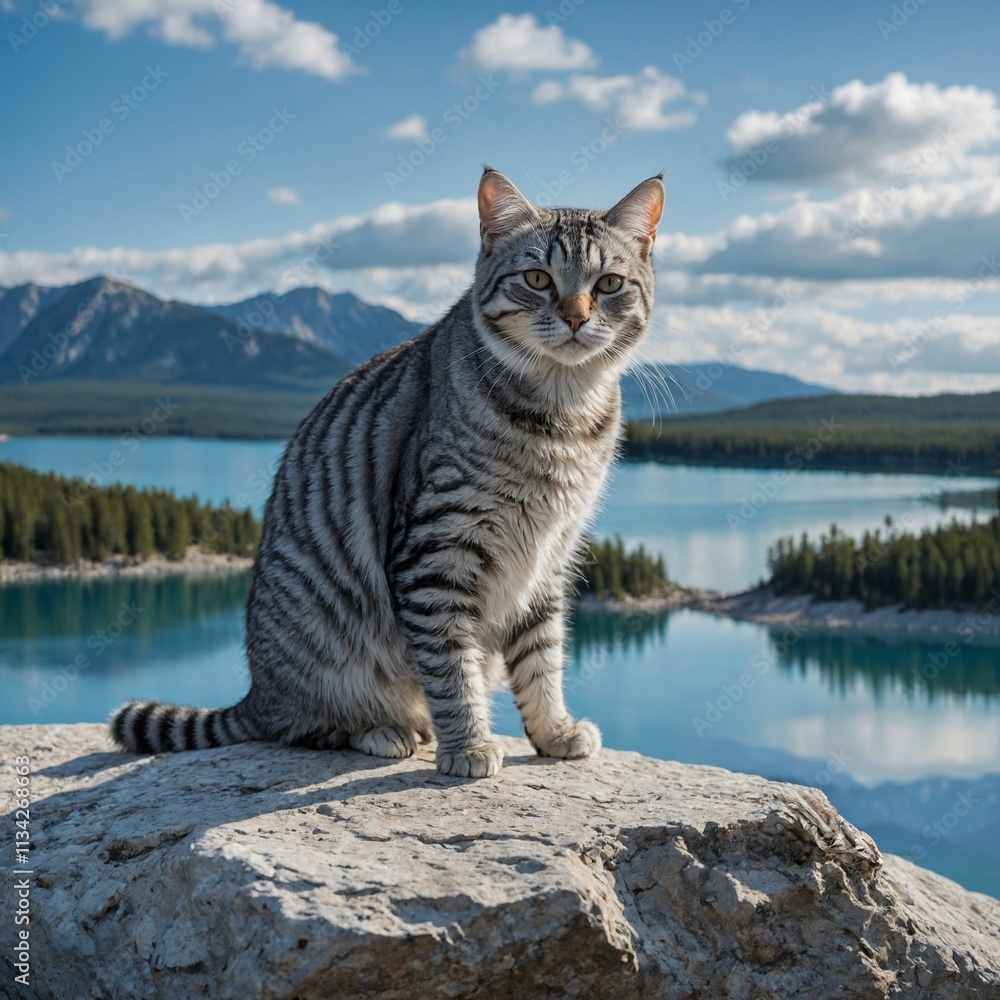 Fototapeta premium A silver tabby perched on a white rock overlooking a shimmering blue lake.