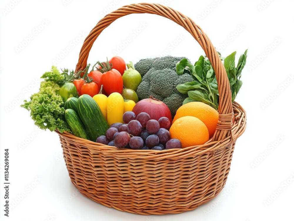Healthy assortment of fruits and vegetables in a wicker basket Healthy assortment of fruits and vegetables in a wicker basket