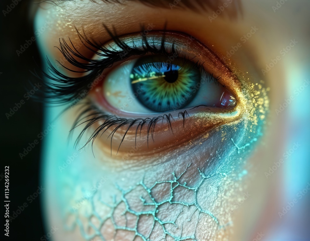Fototapeta premium Closeup artistic eye makeup design with cracked skin texture. Creative beauty makeup look. Woman eye with vibrant colors. Artistic makeup beauty concept. Fashionable eye cosmetics. Trendy makeup