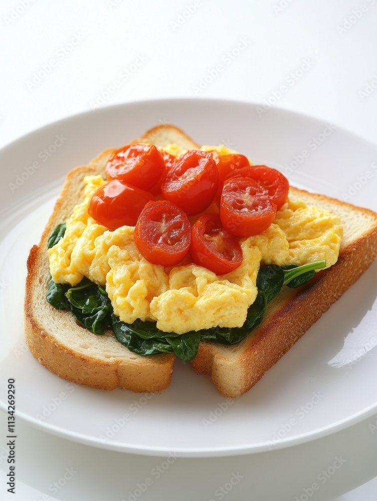 A slice of bread topped with spinach, scrambled eggs, and sliced tomatoes. A slice of bread topped with spinach, scrambled eggs, and sliced tomatoes.