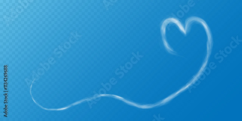 Realistic heart shaped smoke cloud on transparent blue sky background. Romantic smoky, white translucent heart shaped clouds. Vector illustration for your graphic design.	