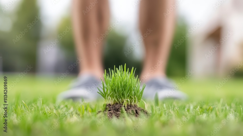 Fresh Grass Sprout New Growth Environmental Conservation Person Feet Blurred Background Fresh Grass Sprout New Growth Environmental Conservation Person Feet Blurred Background