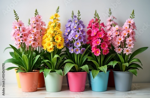 Wallpaper Mural Colorful flowers in decorative pots. Brightly colored flowers in various shades of pink, purple, yellow, magenta. Stylish pots in pastel colors create vibrant aesthetic perfect for home decor gift. Torontodigital.ca