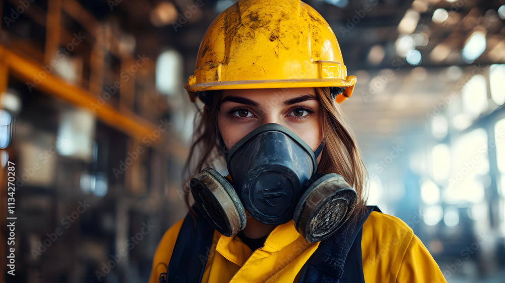 A woman adorned in a vibrant yellow helmet and protective gas mask stands confidently in a hazardous work environment. Her sturdy attire hints at the dangerous nature of her surroundings A woman adorned in a vibrant yellow helmet and protective gas mask stands confidently in a hazardous work environment. Her sturdy attire hints at the dangerous nature of her surroundings