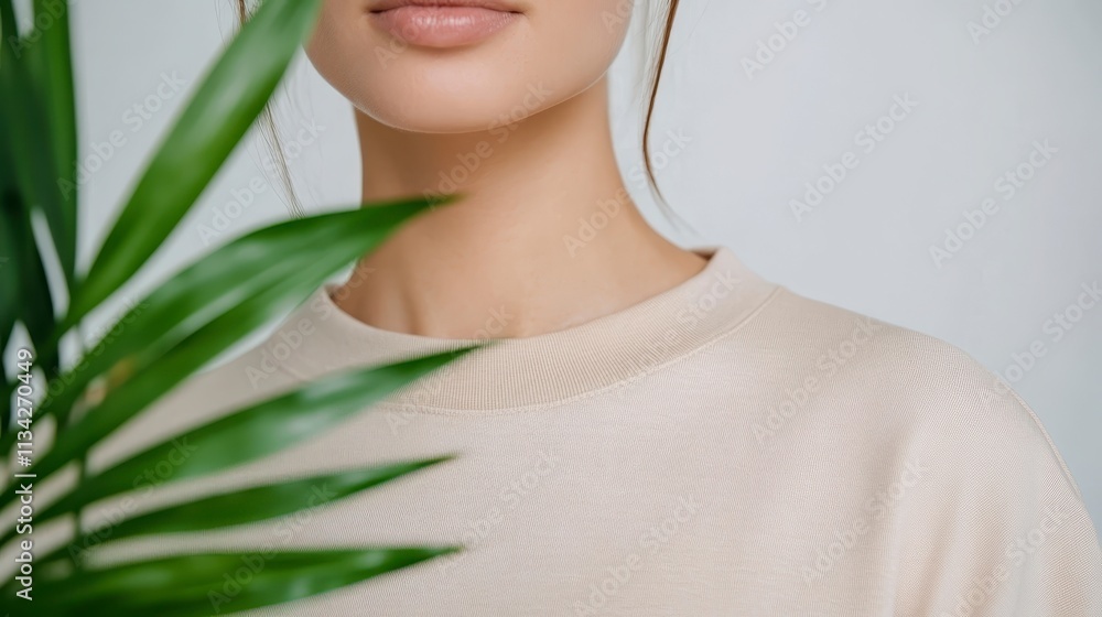 Beige Sweatshirt Woman Green Leaves Close up Eco Friendly Fashion Minimalist Style Natural Beauty Beige Sweatshirt Woman Green Leaves Close up Eco Friendly Fashion Minimalist Style Natural Beauty