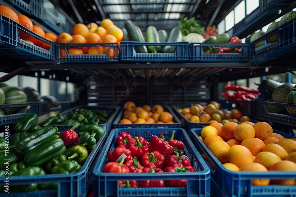 Vibrant display of fresh fruits and vegetables in market crates. Vibrant display of fresh fruits and vegetables in market crates.