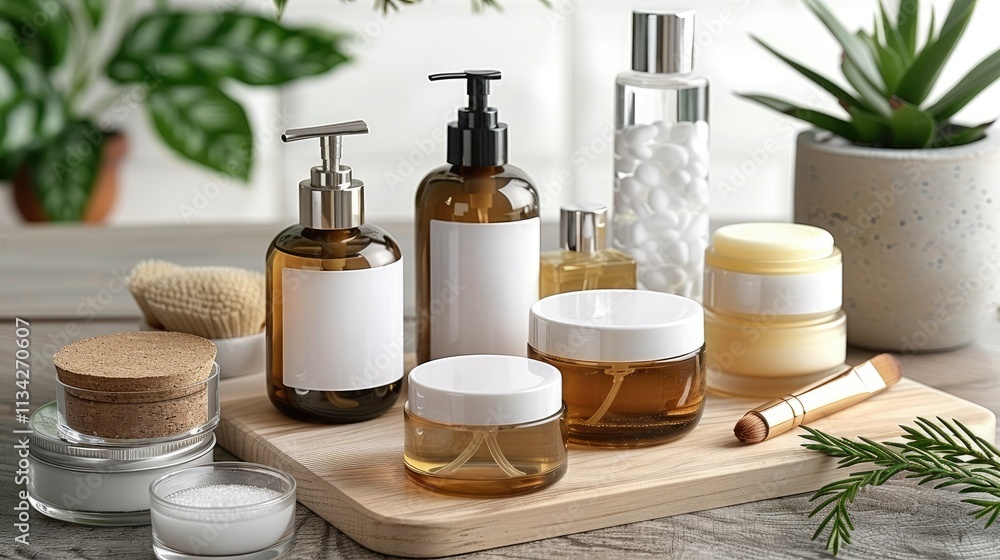A serene arrangement of skincare products on a wooden surface with greenery in the background. A serene arrangement of skincare products on a wooden surface with greenery in the background.