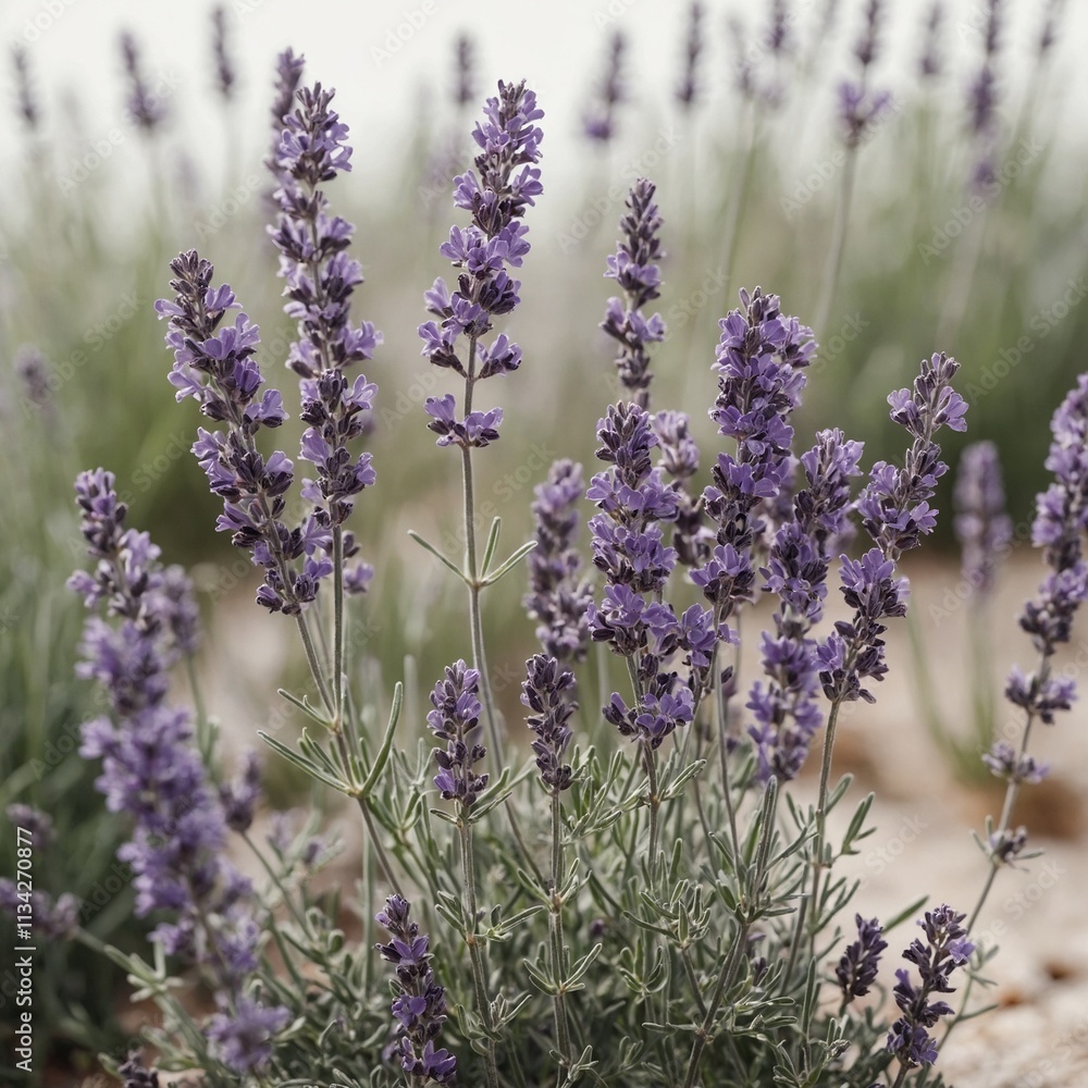 Naklejka premium A delicate lavender plant with purple flowers and slender stems against a clear white background.