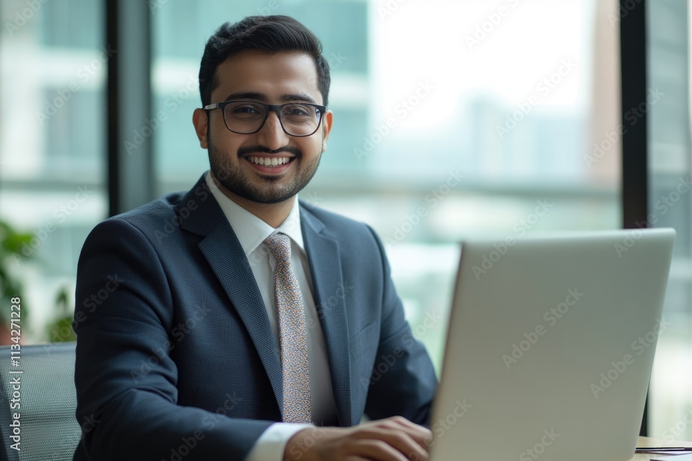 Arabic Indian professional in office managing financial data on laptop. Arabic Indian professional in office managing financial data on laptop.