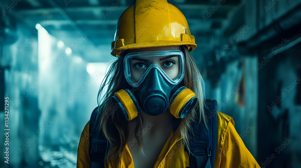 A woman adorned in a vibrant yellow helmet and protective gas mask stands confidently in a hazardous work environment. Her sturdy attire hints at the dangerous nature of her surroundings A woman adorned in a vibrant yellow helmet and protective gas mask stands confidently in a hazardous work environment. Her sturdy attire hints at the dangerous nature of her surroundings