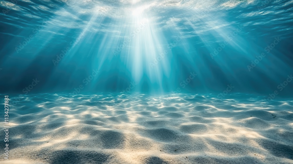 underwater scene with rays of light and sand floor, background underwater scene with rays of light and sand floor, background