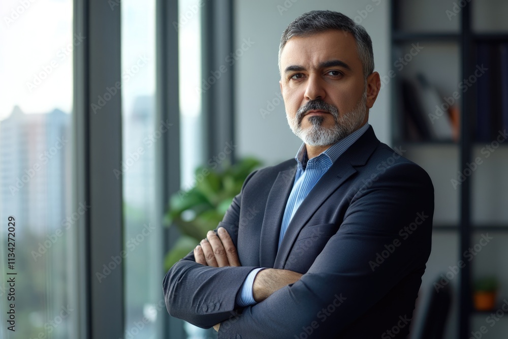 Mature Arab businessman in office standing with crossed arms. Mature Arab businessman in office standing with crossed arms.