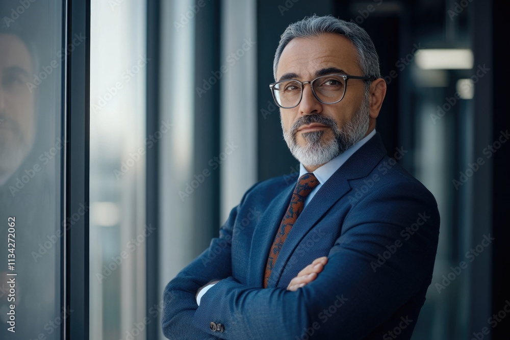 Fototapeta premium Mature Arab businessman in office standing with crossed arms.