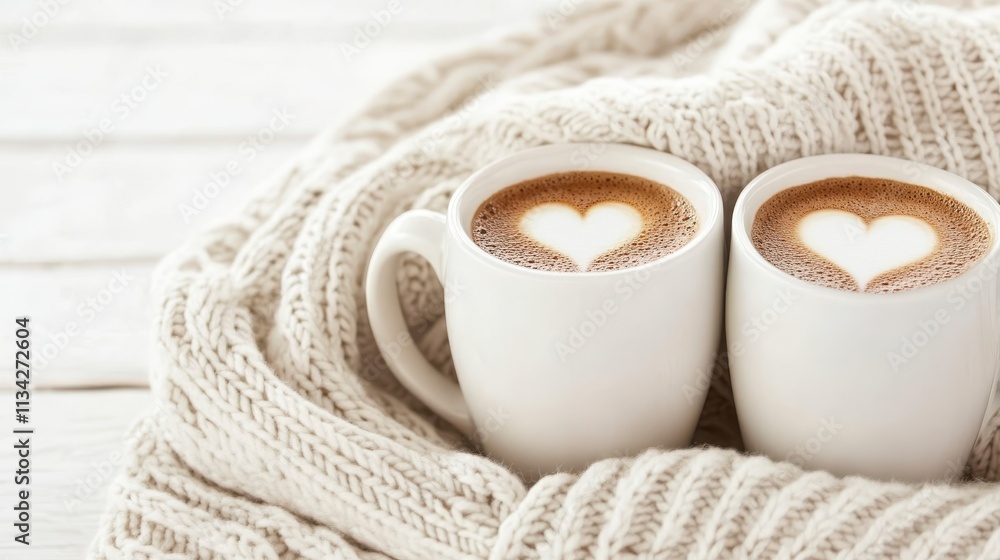 Cozy Latte Art Two Heart Coffee Cups in Knit Blanket Cozy Latte Art Two Heart Coffee Cups in Knit Blanket