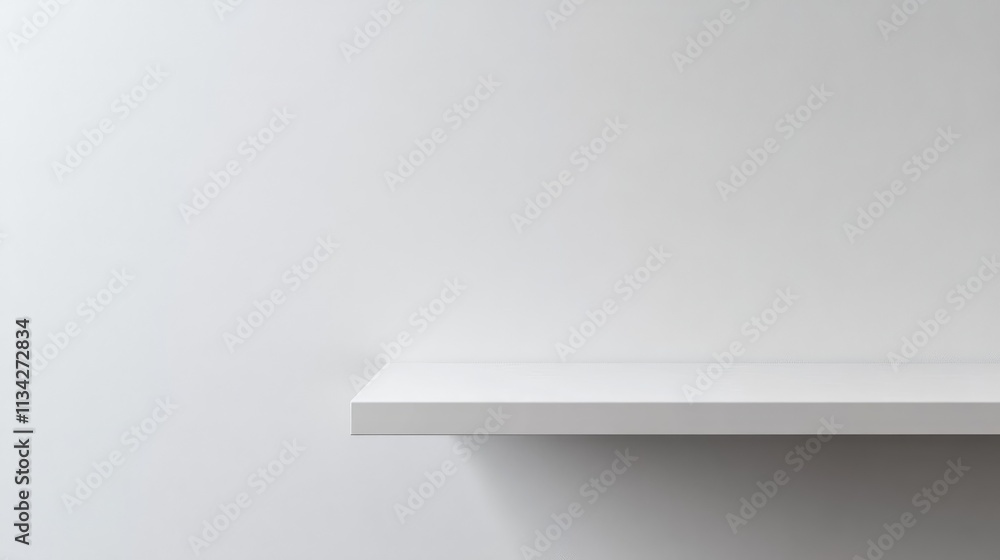 Universal minimalistic background for product presentation. White empty shelf on a light gray wall. Universal minimalistic background for product presentation. White empty shelf on a light gray wall.