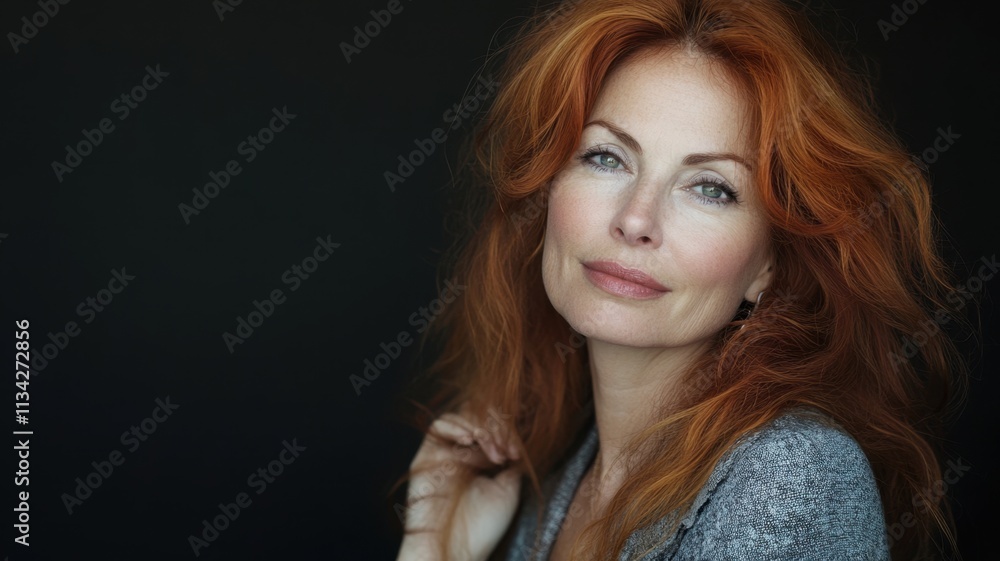 Fototapeta premium Confident and wise, studio portrait of a stunning mature woman with long red hair, freckles, and blue eyes